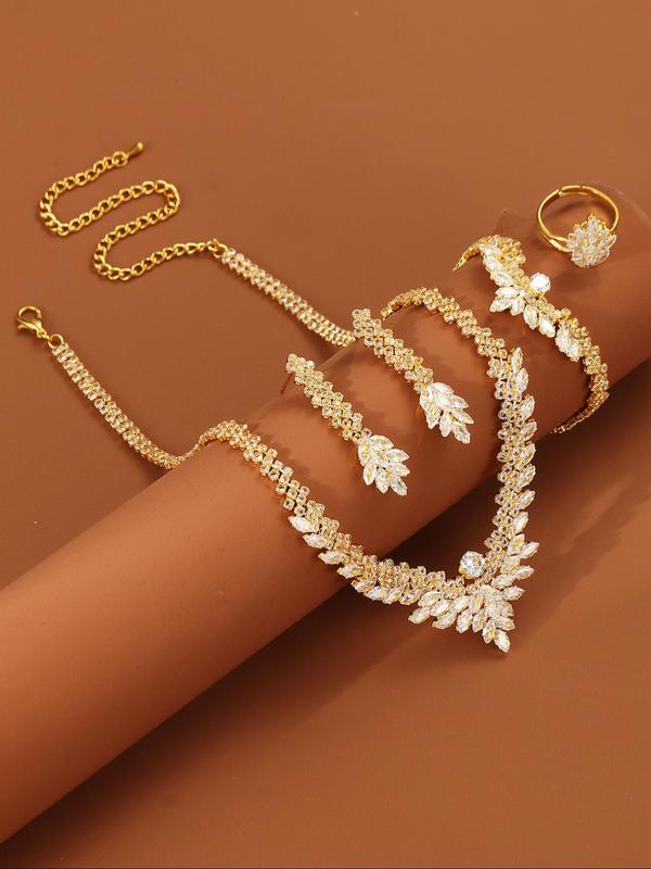 Women's Elegant Rhinestone Decorated Jewelry Set, Exquisite Trendy Necklace & Bracelet & Earrings & Ring, Fashionable Jewelry Set for Party Decoration