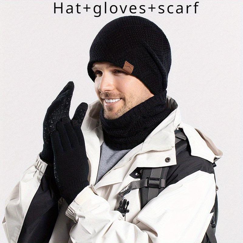 Winter Sports Hat & Gloves & Scarf Set, 3 Counts set Knit Warm Hat & Gloves & Scarf, Touch Screen Gloves, Outdoor Sports Accessories for Men