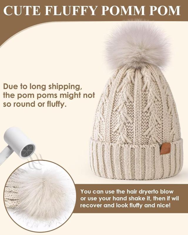 Satin Lined Beanie for Women with Pom Pom, Fashionable Womens Winter Hats Silk Beanies, Cute Warm Knit Hat Skull Cap