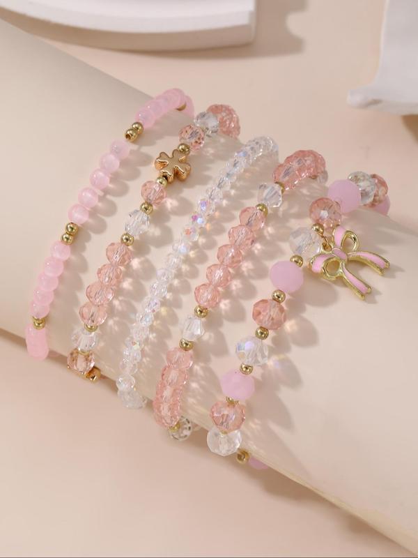 Bow Charm Decor Beaded Bracelets, 5 Counts Beaded Bracelets, Fashionable Jewelry for Women & Girls, Trendy All-match & Exquisite Jewelry for Birthday Gift