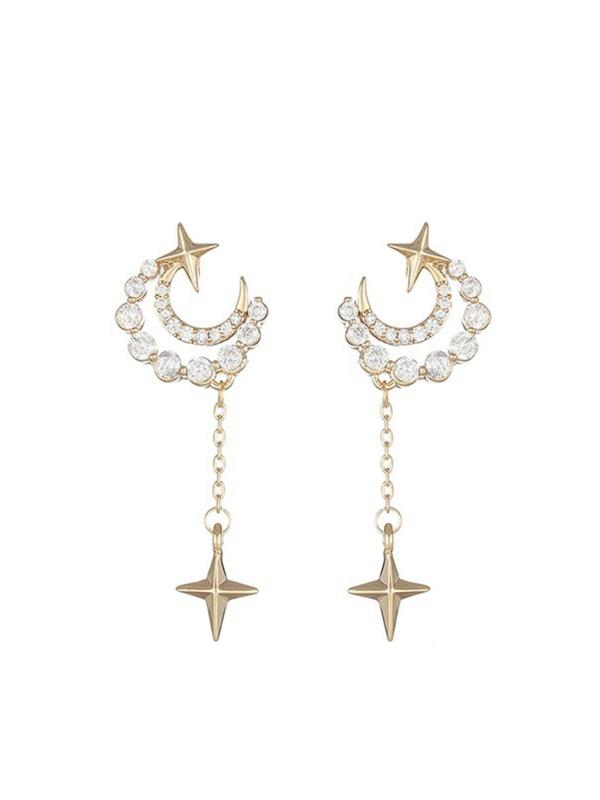 Hollow Out Moon Design Dangle Earrings, with Rhinestone Decor & Star Design, Elegant Drop Earrings for Women, Suitable for Party, Daily Clothing Decor