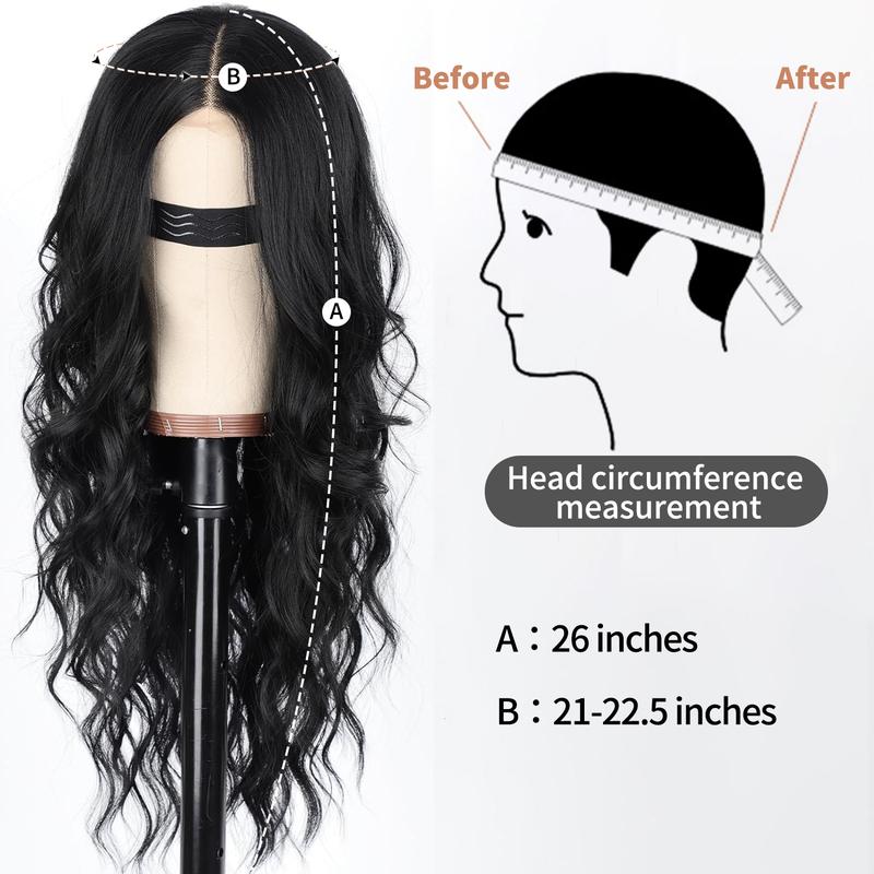 [ AISI HAIR ] Black Wig for Women, Long Wavy Lace Hairline Wig, 26 Inch Middle Part Synthetic Heat Resistant Wig for Daily Party