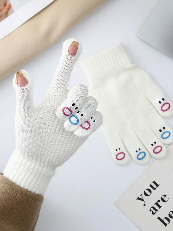 Random Color Cute Cartoon Expression Pattern Full Finger Gloves, Women's Cute Knitted Warm Touch Screen Gloves, Fashion Accessories for Fall & Winter