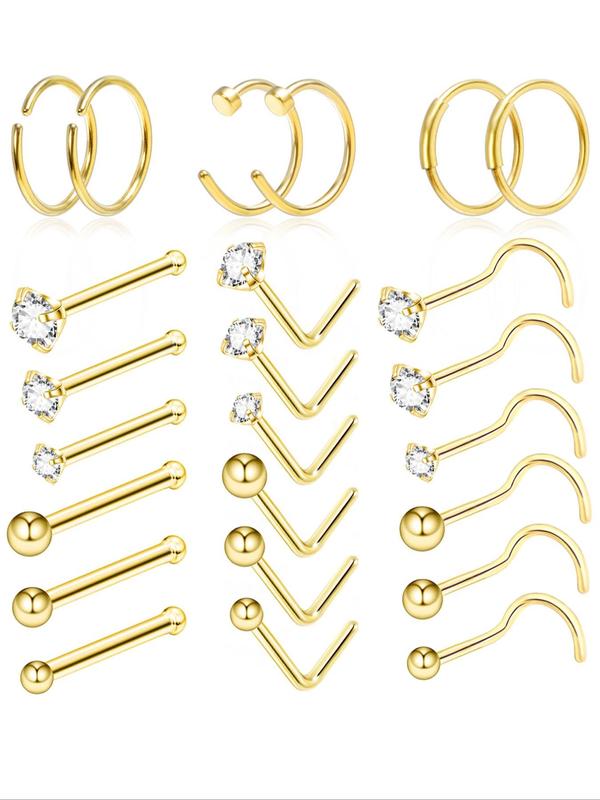 Minimalist Funky Rhinestones Decor Nose Ring, 24pcs set Stainless Steel Nose Stud Set for Women & Girls, Jewelry for Body Decoration