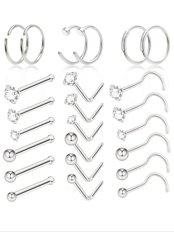 Minimalist Funky Rhinestones Decor Nose Ring, 24pcs set Stainless Steel Nose Stud Set for Women & Girls, Jewelry for Body Decoration