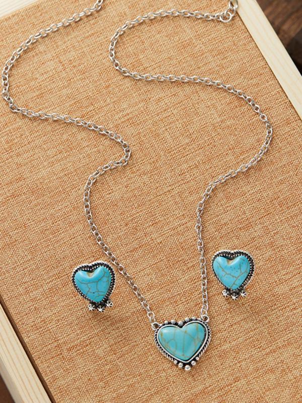 Boho Style Turquoise Texture Decor Heart Design Jewelry Set, Vintage Pendant Necklace & Dangle Earrings, Fashion Jewelry Accessories for Women