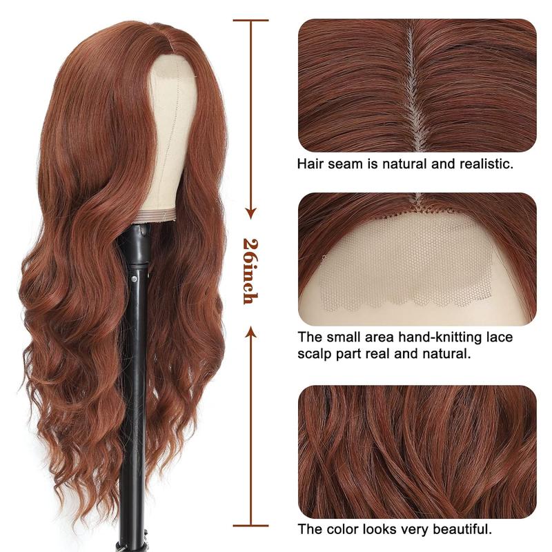 Long Auburn Wavy Wig for Women 26 Inch Middle Part Curly Wavy Wig Natural Looking Synthetic Heat Resistant Fiber Wig for Daily Party Use