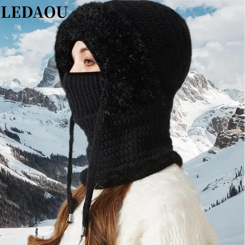 LEDAOU 3 in 1 Beanie Hat For Women, Knitted Ski Scarf and Face Mask Set, Hooded One Piece Windproof Warm Snow Cap Balaclava Sherpa Hood