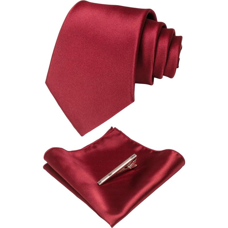 Mens Solid Color Formal Necktie and Pocket Square, Tie Clip Sets