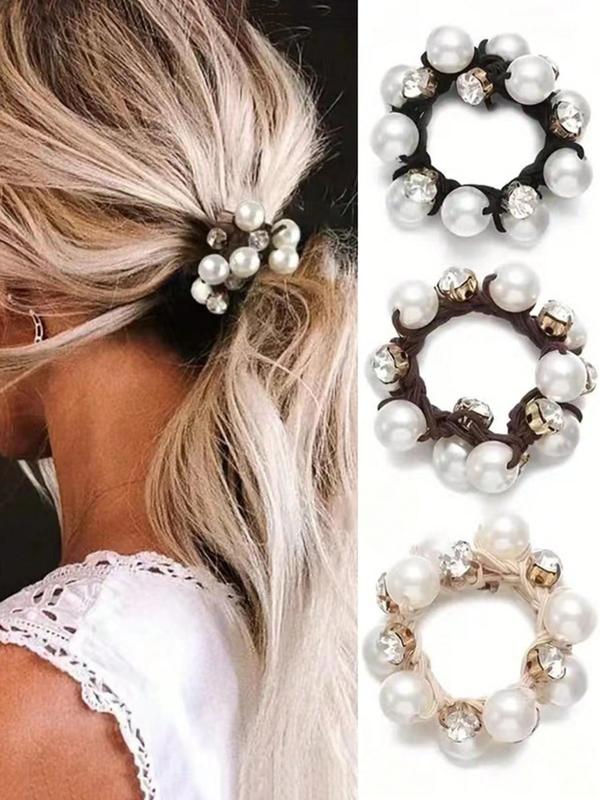 3pcs set Faux Pearl Decorated Hair Tie, Elegant High Stretch Hair Tie for Women & Girls, Minimalist Headwear Suitable for Thick Hair, Fashion Hair Accessories for Party, Daily Clothing Decor