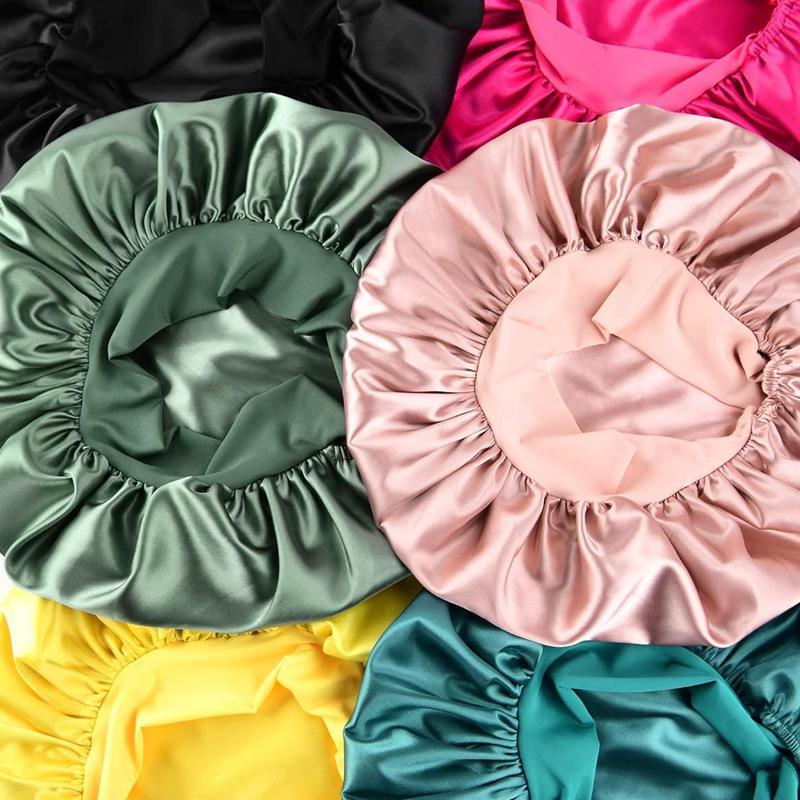 Solid Color Satin Bonnet with Satin Scrunchies, 2 Counts set Soft Silky Bonnet for Sleeping, Night Cap, Hair Care Hat with Tie Band Bonnets