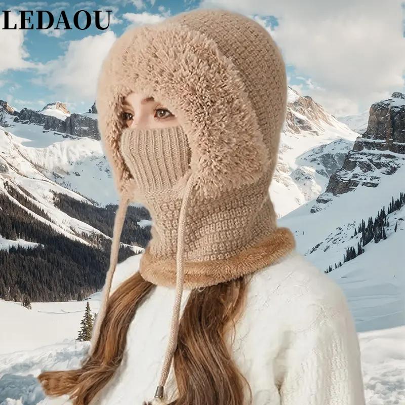 LEDAOU 3 in 1 Beanie Hat For Women, Knitted Ski Scarf and Face Mask Set, Hooded One Piece Windproof Warm Snow Cap Balaclava Sherpa Hood