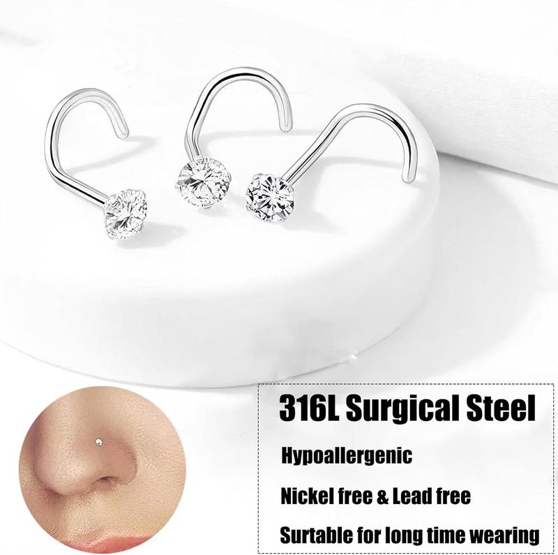 Nose Rings Studs: 8 count 20G 316L Surgical Steel Nose Studs  Corkscrew Nose Piercing Stud  for Women Men  Cubic Zirconia Imitation  1.5mm 2mm 2.5mm 3mm