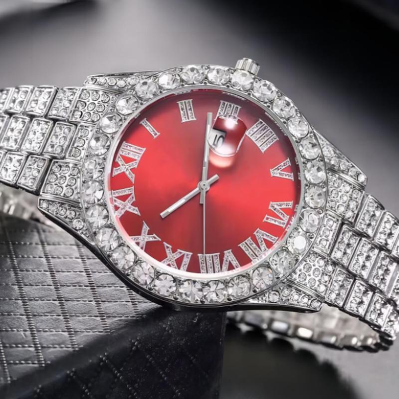 Men Rhinestone Decor Round Pointer Date Quartz Watch Holiday