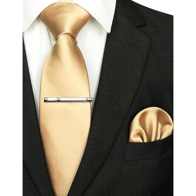 Mens Solid Color Formal Necktie and Pocket Square, Tie Clip Sets