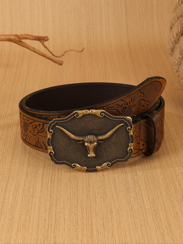 Men's Vintage Western Belt, Fashionable Bull Head Decor Pu Leather Belt for Party, Daily Clothing Decor, Trendy All-match & Exquisite Belt for Birthday Gift