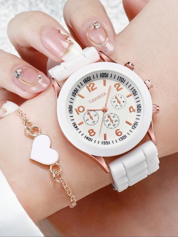 Fashion Round Dial Quartz Watches & Heart Charm Bracelets Set, without Box, Trendy Exquisite Jewelry Set for Birthday Gift