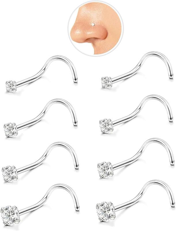 Nose Rings Studs: 8 count 20G 316L Surgical Steel Nose Studs  Corkscrew Nose Piercing Stud  for Women Men  Cubic Zirconia Imitation  1.5mm 2mm 2.5mm 3mm