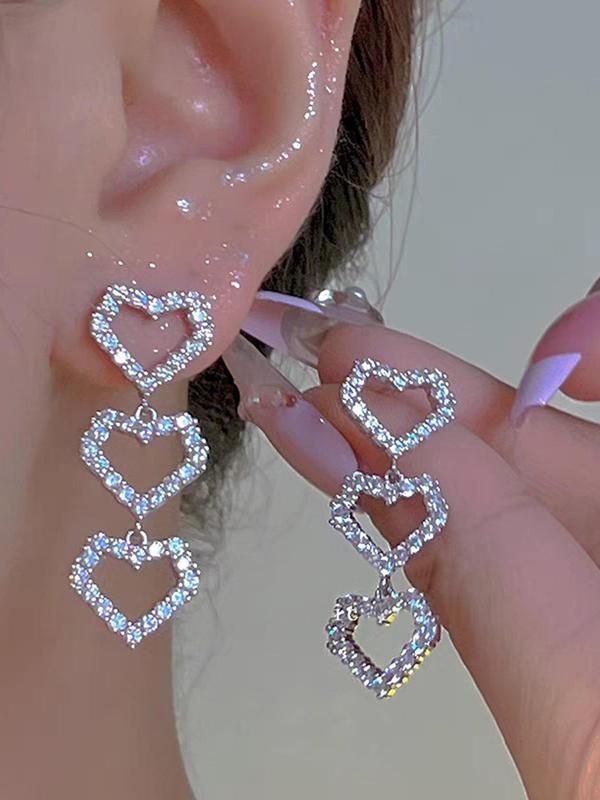 1 Pair Elegant Hollow Out Rhinestone Heart Decor Stud Earrings, Connected Heart Charm Stud Earrings, Fashion Jewelry Accessories For Women & Girls