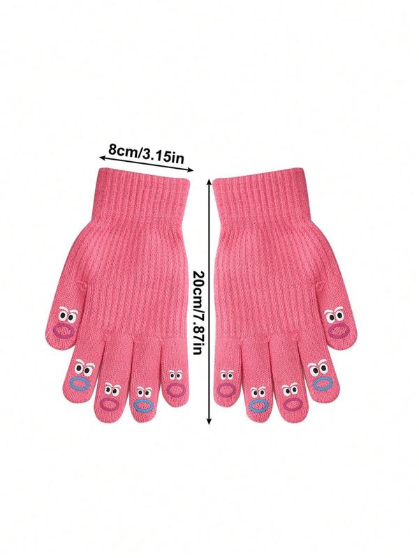 Random Color Cute Cartoon Expression Pattern Full Finger Gloves, Women's Cute Knitted Warm Touch Screen Gloves, Fashion Accessories for Fall & Winter