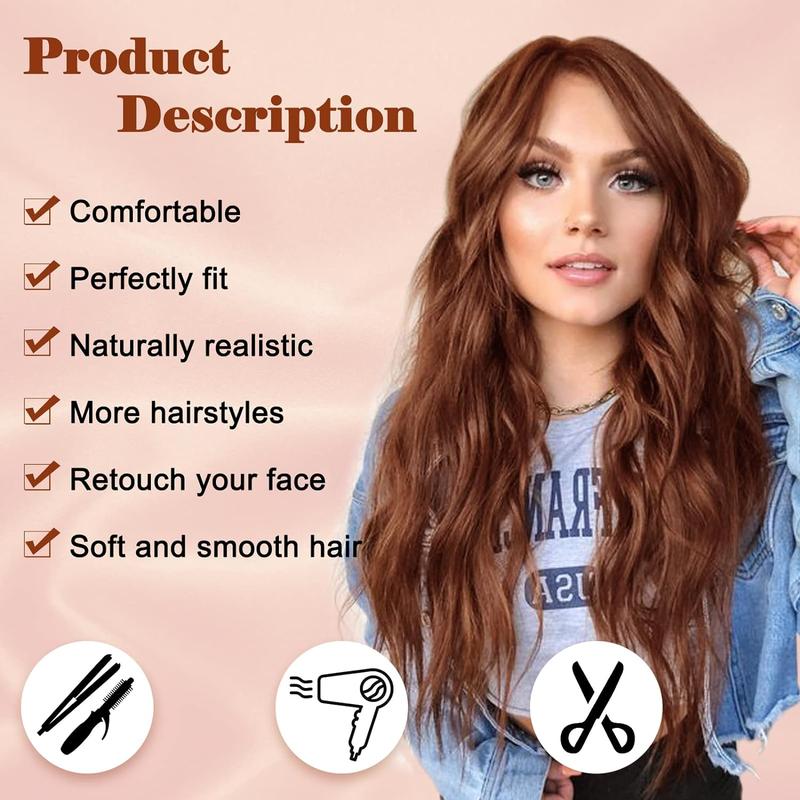 Long Auburn Wavy Wig for Women 26 Inch Middle Part Curly Wavy Wig Natural Looking Synthetic Heat Resistant Fiber Wig for Daily Party Use