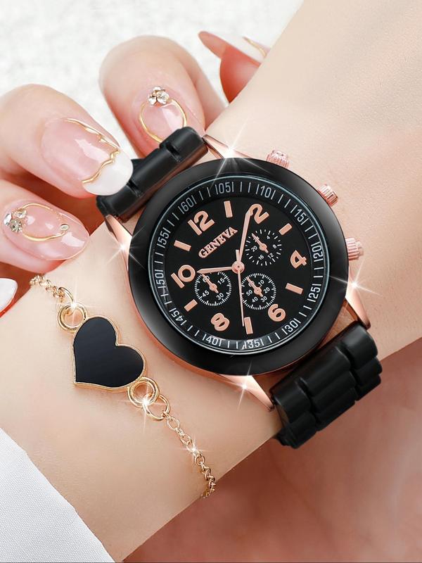 Fashion Round Dial Quartz Watches & Heart Charm Bracelets Set, without Box, Trendy Exquisite Jewelry Set for Birthday Gift