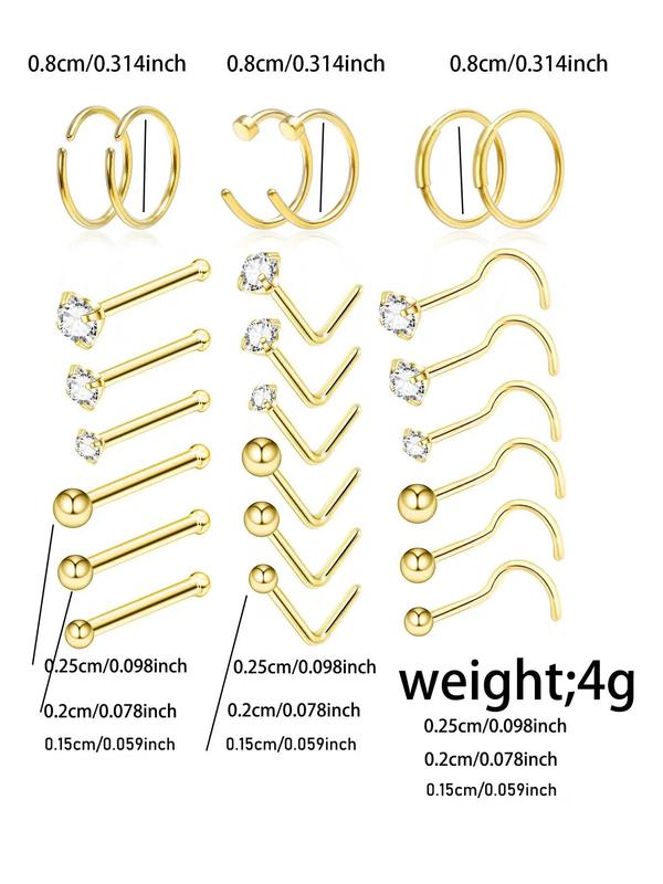 Minimalist Funky Rhinestones Decor Nose Ring, 24pcs set Stainless Steel Nose Stud Set for Women & Girls, Jewelry for Body Decoration