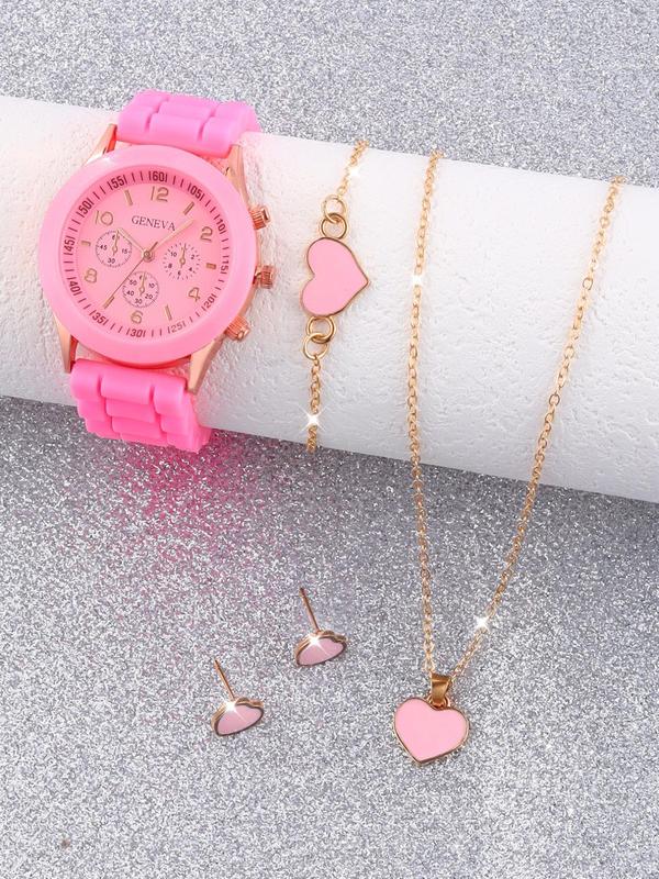 Women's Elegant Round Dial Wristwatch & Heart Shape Charm Bracelet & Necklace & Stud Earrings, Gorgeous Watch & Jewelry Set, Fashionable Watch Set As Gift Without Box