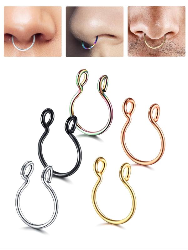 5pcs Stainless Steel Nose Cuff, U-shaped Fake Nose Rings, Casual Trendy Body Jewelry for Daily & Party Wear