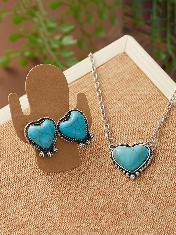 Boho Style Turquoise Texture Decor Heart Design Jewelry Set, Vintage Pendant Necklace & Dangle Earrings, Fashion Jewelry Accessories for Women