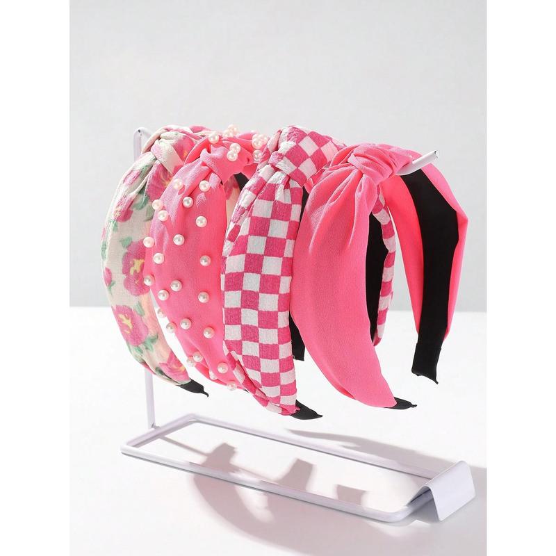 4pcs Fabric Pearls Checkerboard Floral Wide Knotted Elegant Y2K Headbands In Solid Pink, Rose Red, Black, Yellow, Green, Blue And Beige Colors