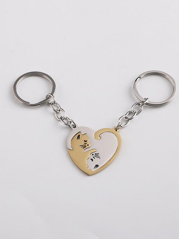 Cat Design Heart Shaped Keychain, 2pcs 2024 New Style Cute Cat Design Keychain for Bag Decoration, Trendy All-match Keychain for Friend for Birthday Gift