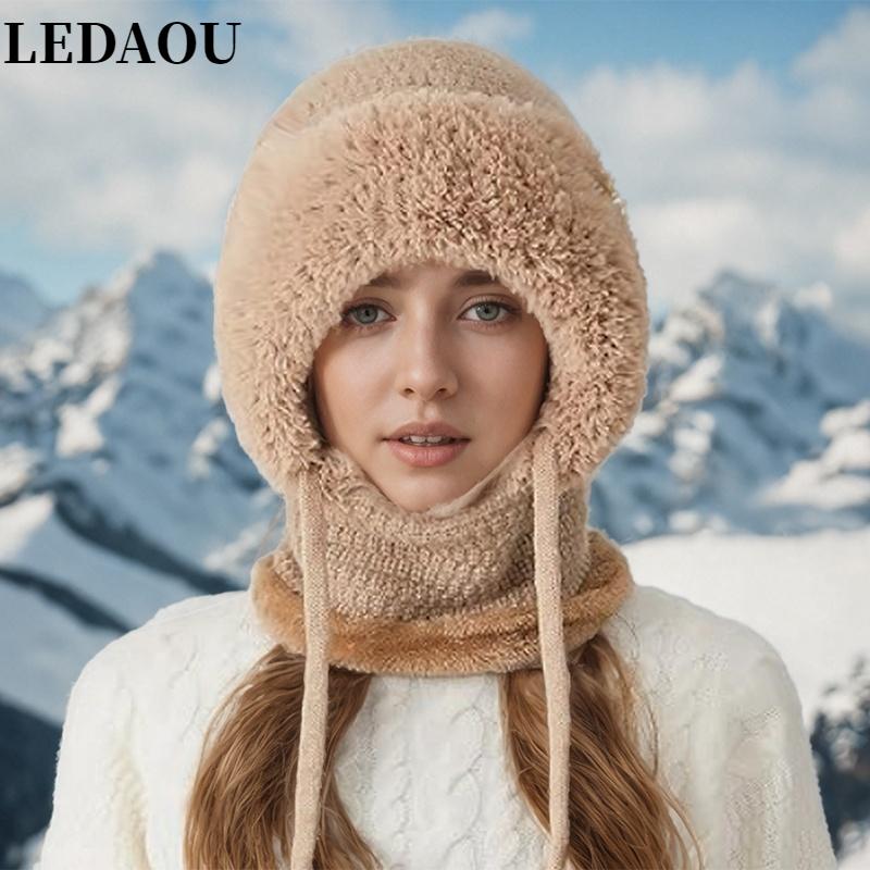 LEDAOU 3 in 1 Beanie Hat For Women, Knitted Ski Scarf and Face Mask Set, Hooded One Piece Windproof Warm Snow Cap Balaclava Sherpa Hood