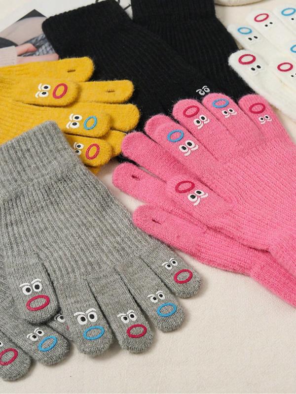 Random Color Cute Cartoon Expression Pattern Full Finger Gloves, Women's Cute Knitted Warm Touch Screen Gloves, Fashion Accessories for Fall & Winter