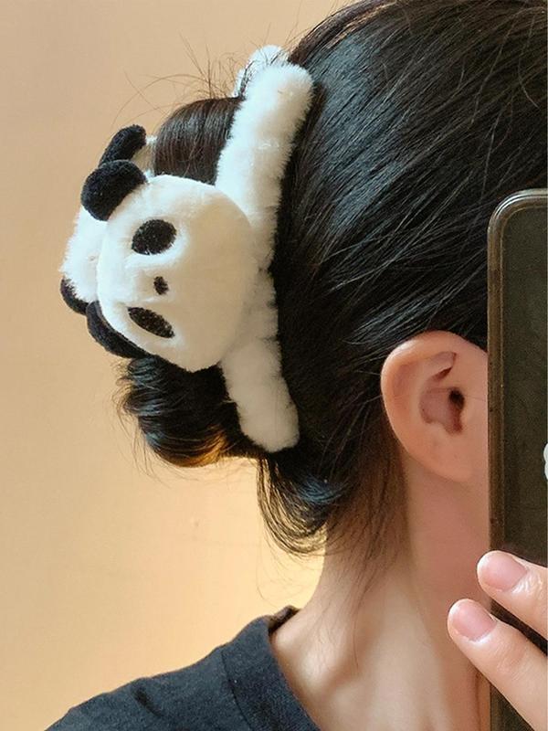 Cute Panda Design Fluffy Plush Hair Claw, Fashionable Hair Accessories for Women & Girls, Minimalist Headwear Suitable for Thick Hair