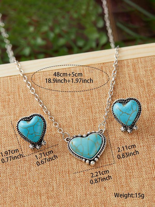 Boho Style Turquoise Texture Decor Heart Design Jewelry Set, Vintage Pendant Necklace & Dangle Earrings, Fashion Jewelry Accessories for Women