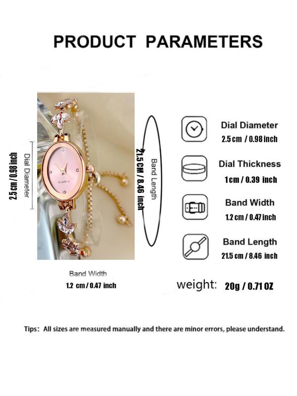 Women's Elegant Rhinestone Decor Leaf Design Quartz Watch, Fashionable Oval Dial Analog Watch for Women & Girls, Trendy All-match Watch for Birthday Gift