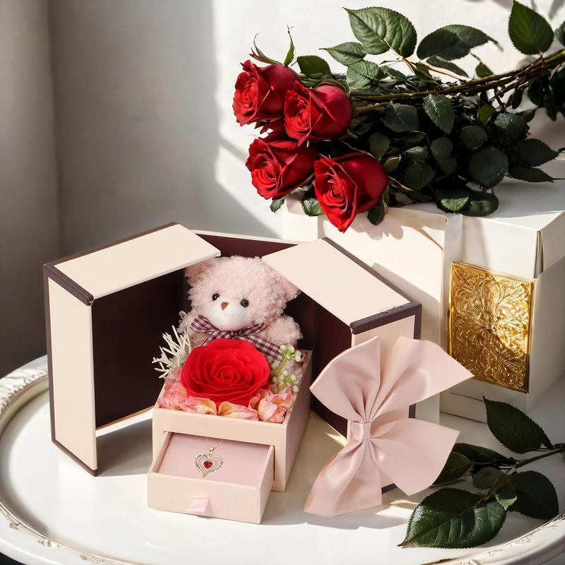 Christmas Creative Artificial Rose Bear Gift Box with Heart-shaped Pendant Necklace, Romantic Gift Set with Gift Bag & Greeting Card for Birthdays, Elegant and Simple Style Gift for Her