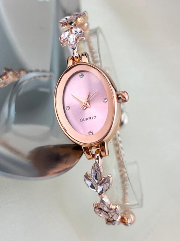 Women's Elegant Rhinestone Decor Leaf Design Quartz Watch, Fashionable Oval Dial Analog Watch for Women & Girls, Trendy All-match Watch for Birthday Gift