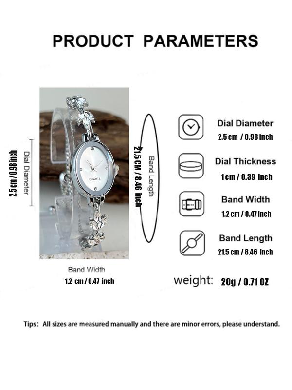 Women's Elegant Rhinestone Decor Leaf Design Quartz Watch, Fashionable Oval Dial Analog Watch for Women & Girls, Trendy All-match Watch for Birthday Gift