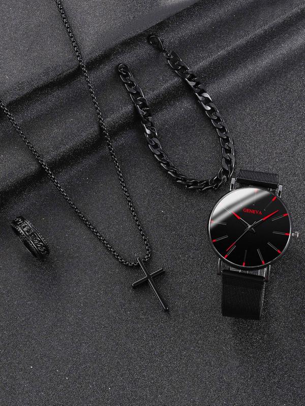 Men's Business Round Dial Quartz Watch & Chain Bracelet & Ring & Cross Necklace Set, Fashion Watch Set for Party, Daily Clothing Decor, Trendy Exquisite Watch Set for Gift