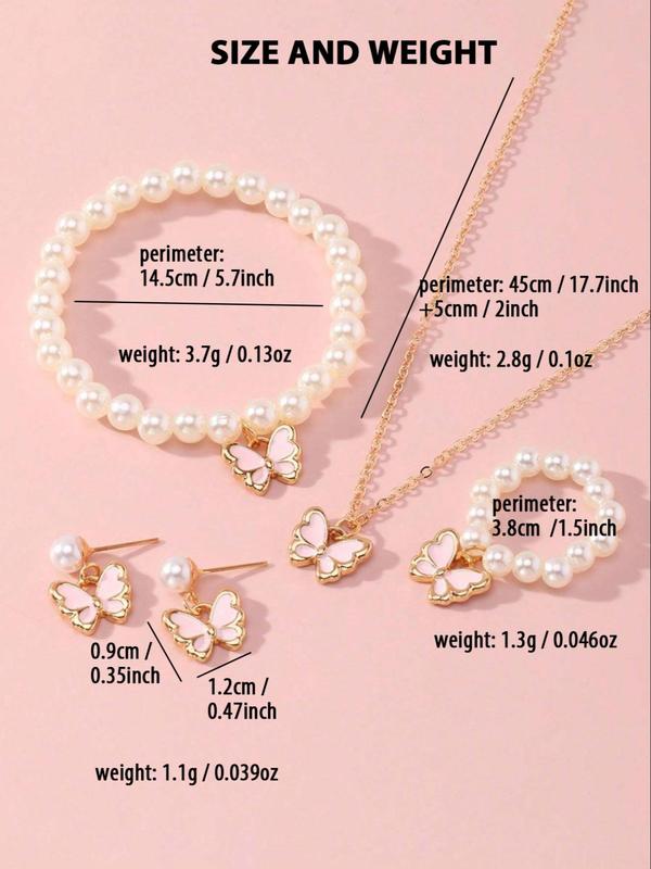 Women's Elegant Faux Pearl Decorated Butterfly Design Jewelry Set, Trendy Exquisite Pendant Necklace & Dangle Earrings & Ring & Bracelet, Chic Jewelry Set As Gift for Girlfriend