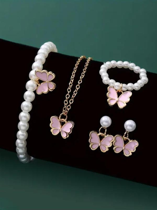 Women's Elegant Faux Pearl Decorated Butterfly Design Jewelry Set, Trendy Exquisite Pendant Necklace & Dangle Earrings & Ring & Bracelet, Chic Jewelry Set As Gift for Girlfriend