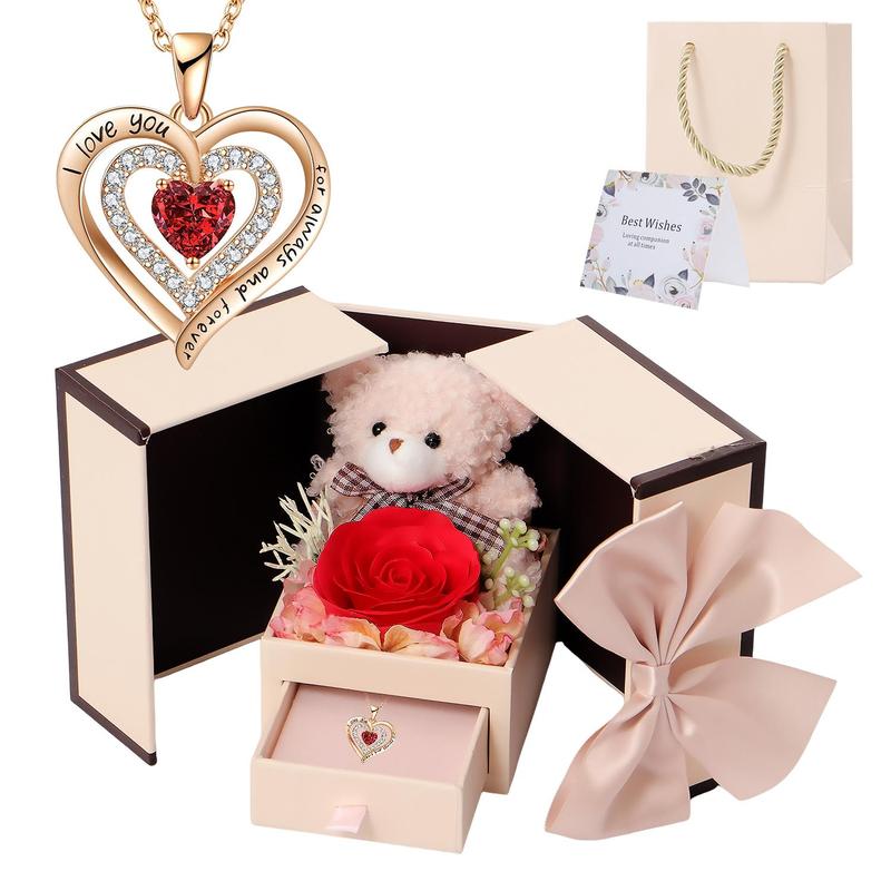 Christmas Creative Artificial Rose Bear Gift Box with Heart-shaped Pendant Necklace, Romantic Gift Set with Gift Bag & Greeting Card for Birthdays, Elegant and Simple Style Gift for Her