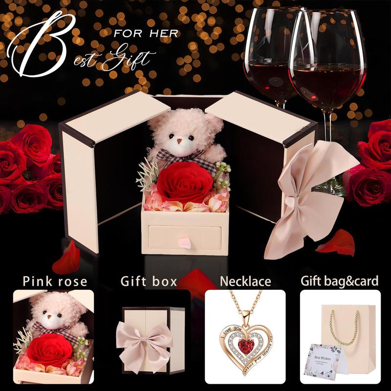 Christmas Creative Artificial Rose Bear Gift Box with Heart-shaped Pendant Necklace, Romantic Gift Set with Gift Bag & Greeting Card for Birthdays, Elegant and Simple Style Gift for Her