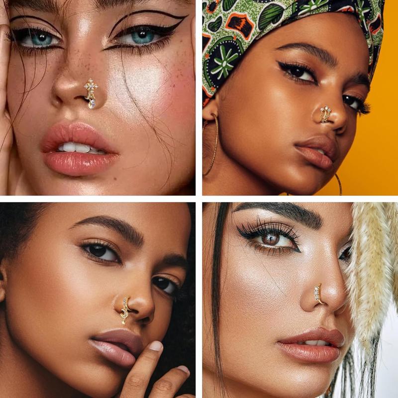 12-16Pcs Nose Cuff Fake Nose Ring Hoop Clip on Nose Ring CZ Dangle Fake Nose Ring Cartilage Tragus Ring Nose Cuff Non Piercing for Women Men Gold Silver