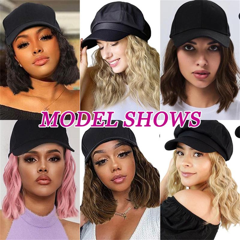 8inch Bob Hair With Baseball Cap Wave Curly Hair Hat Wigs Short Synthetic Hair Extensions For Women