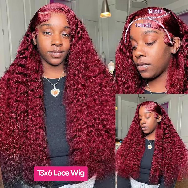 Tahikie 99J Burgundy Colored 13x6 HD Lace Front Deep Curly Human Hair Wigs