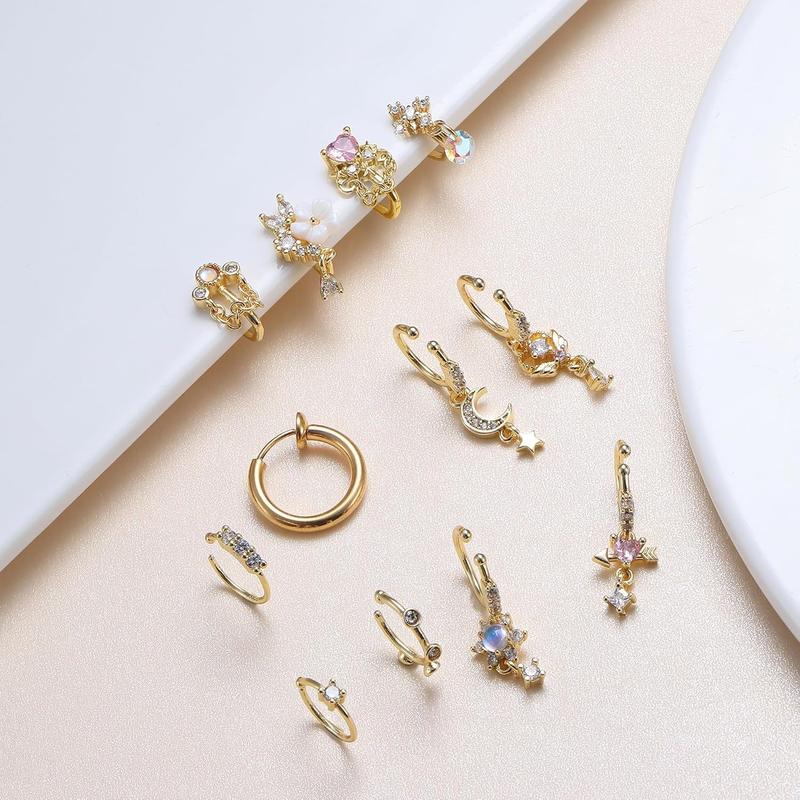 12-16Pcs Nose Cuff Fake Nose Ring Hoop Clip on Nose Ring CZ Dangle Fake Nose Ring Cartilage Tragus Ring Nose Cuff Non Piercing for Women Men Gold Silver