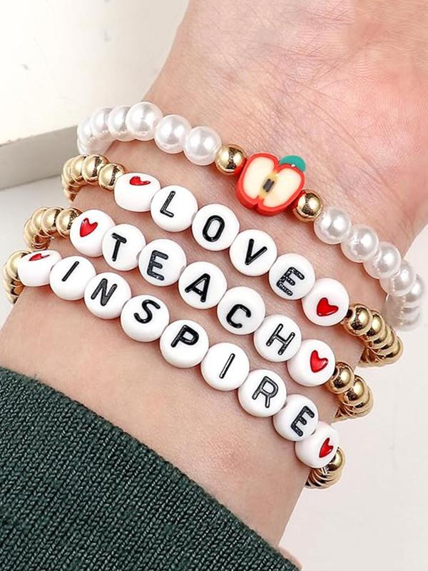 Teacher Appreciation Beaded Bracelet, Faux Pearl Decorated Bracelet for Women & Girls, Fashion Diy Jewelry for Party, Daily Clothing Decor, Birthday Gift